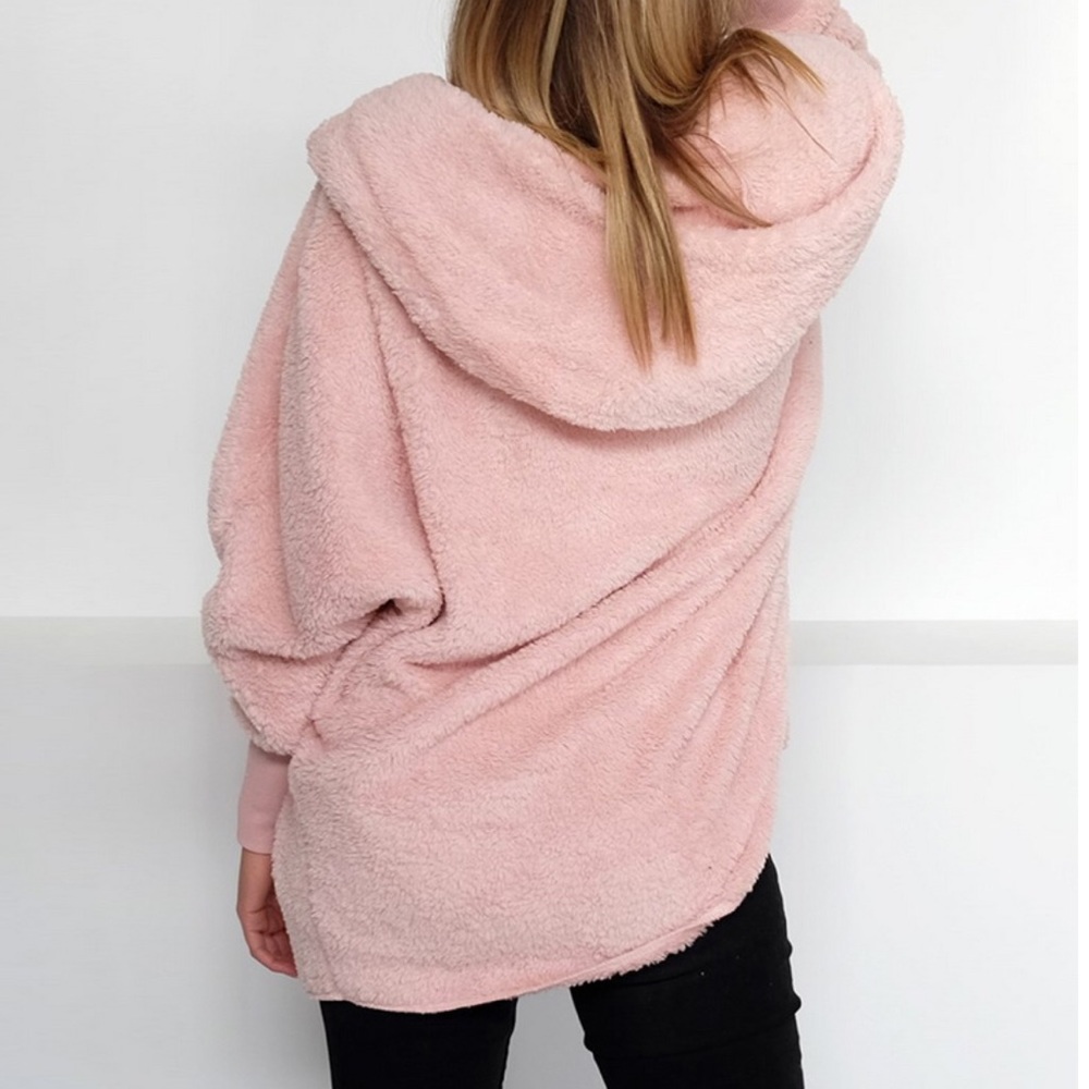 1 Left! Pink Oversized Cozy Teddy Sweater W/ Hood - Picture 2 of 7